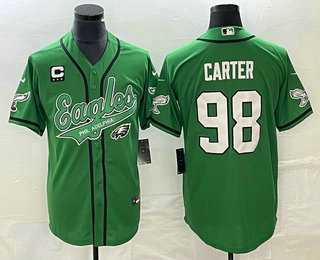 Mens Philadelphia Eagles #98 Jalen Carter Green C Patch Cool Base Stitched Baseball Jersey